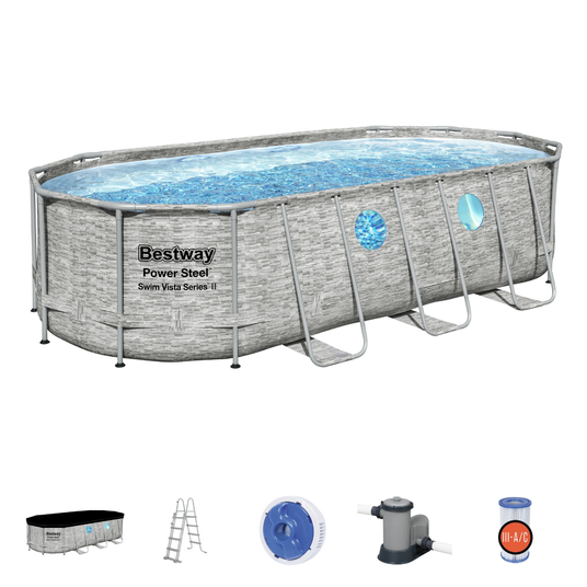 Bestway 18ft x 9ft x 48" Oval Steel Pro MAX™ Splashview Above Ground Swimming Pool, Filter Pump & Accessories