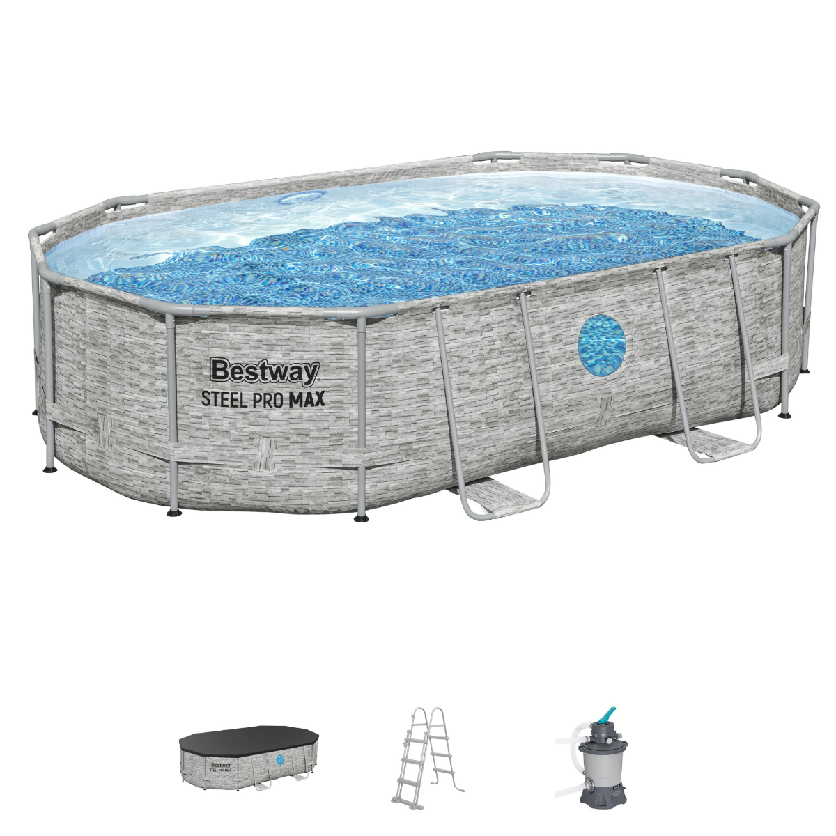 Bestway 16ft x 10ft x 42" Oval Steel Pro MAX™ Splashview Above Ground Swimming Pool, Sand Filter Pump & Accessories